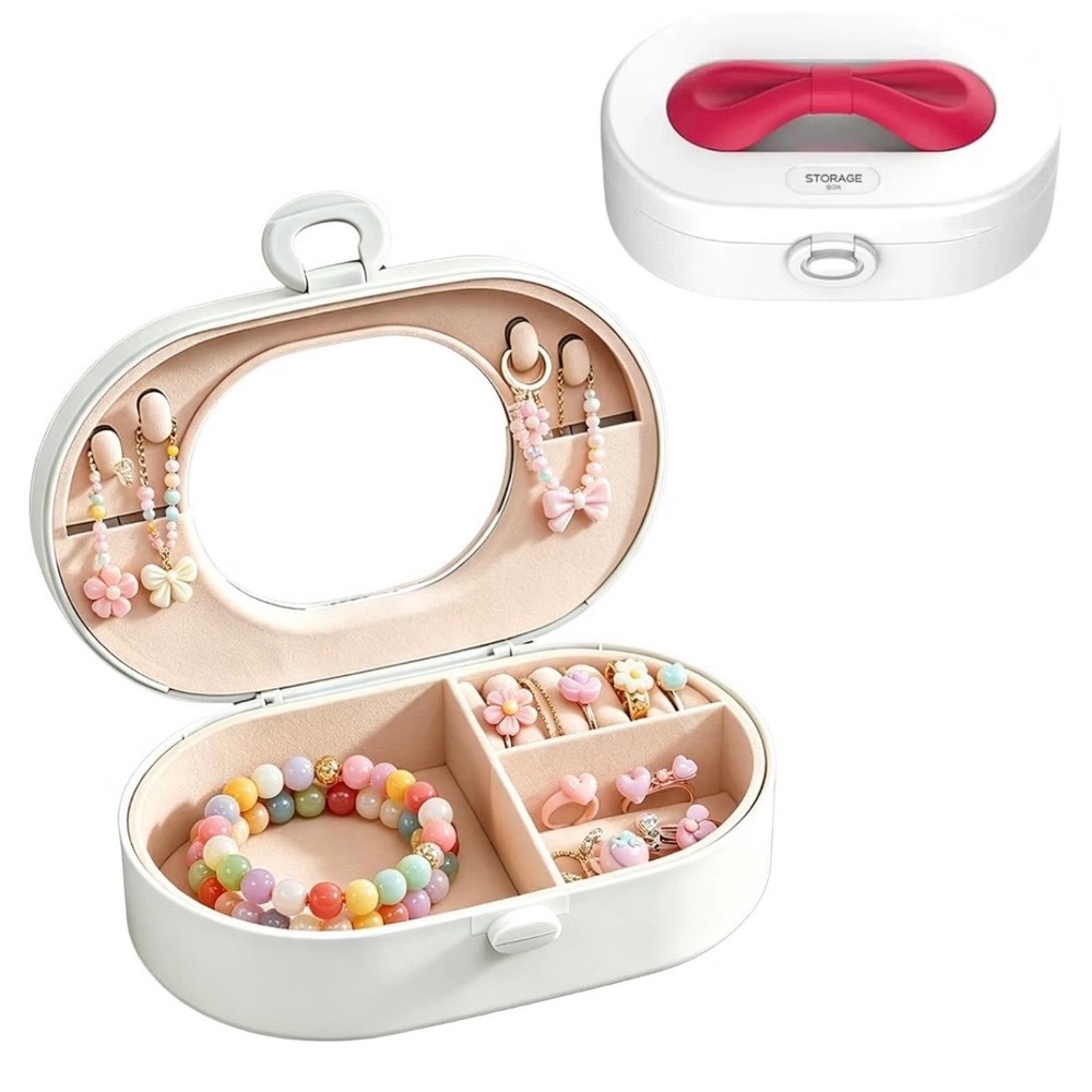 Girls White Red Bow Travel Jewelry Box Mirror Divided Storage OS New